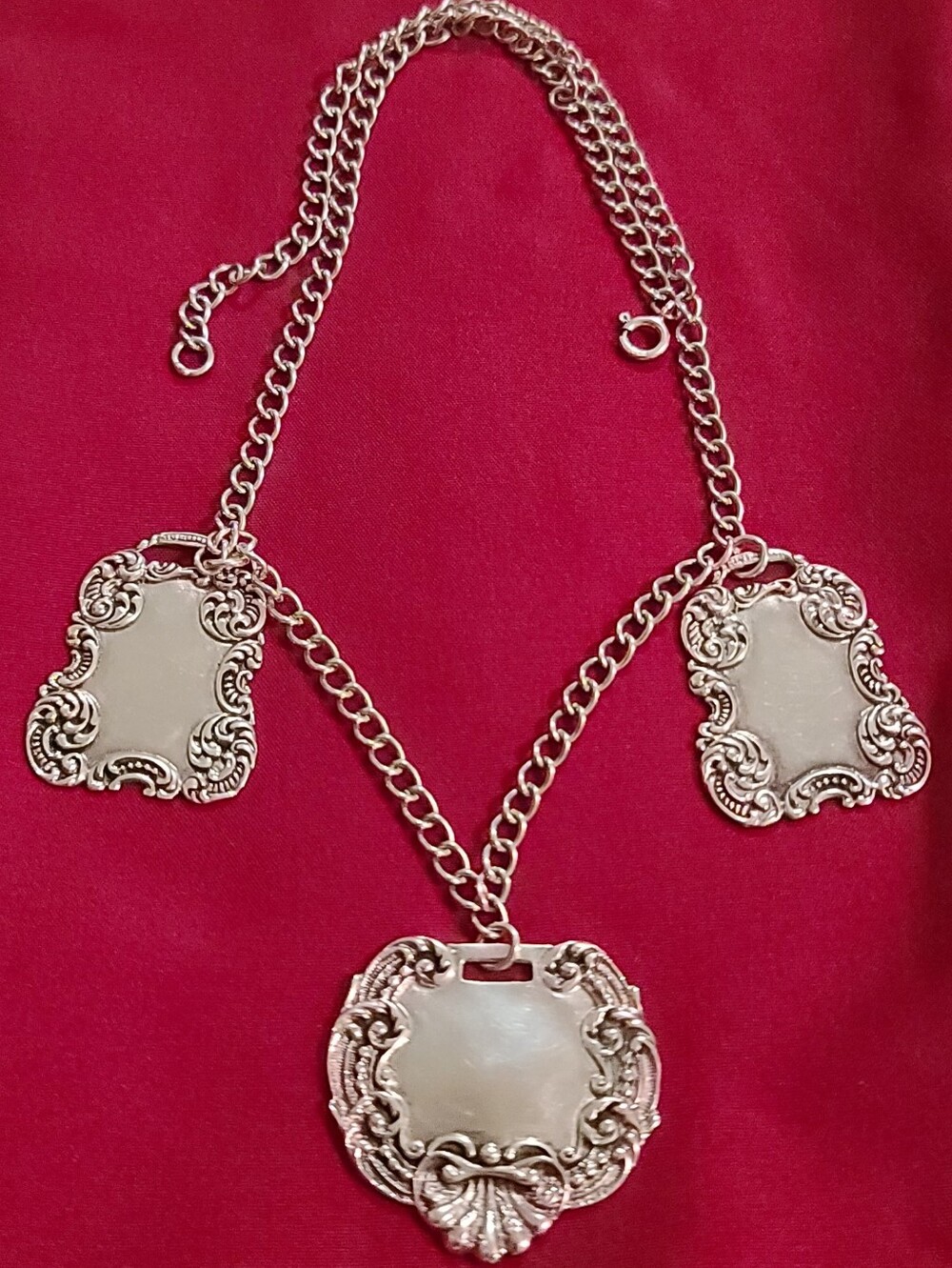 Vintage Repousse Three Charm Luggage Tag 20" Necklace Sterling Silver Stamp 36gr